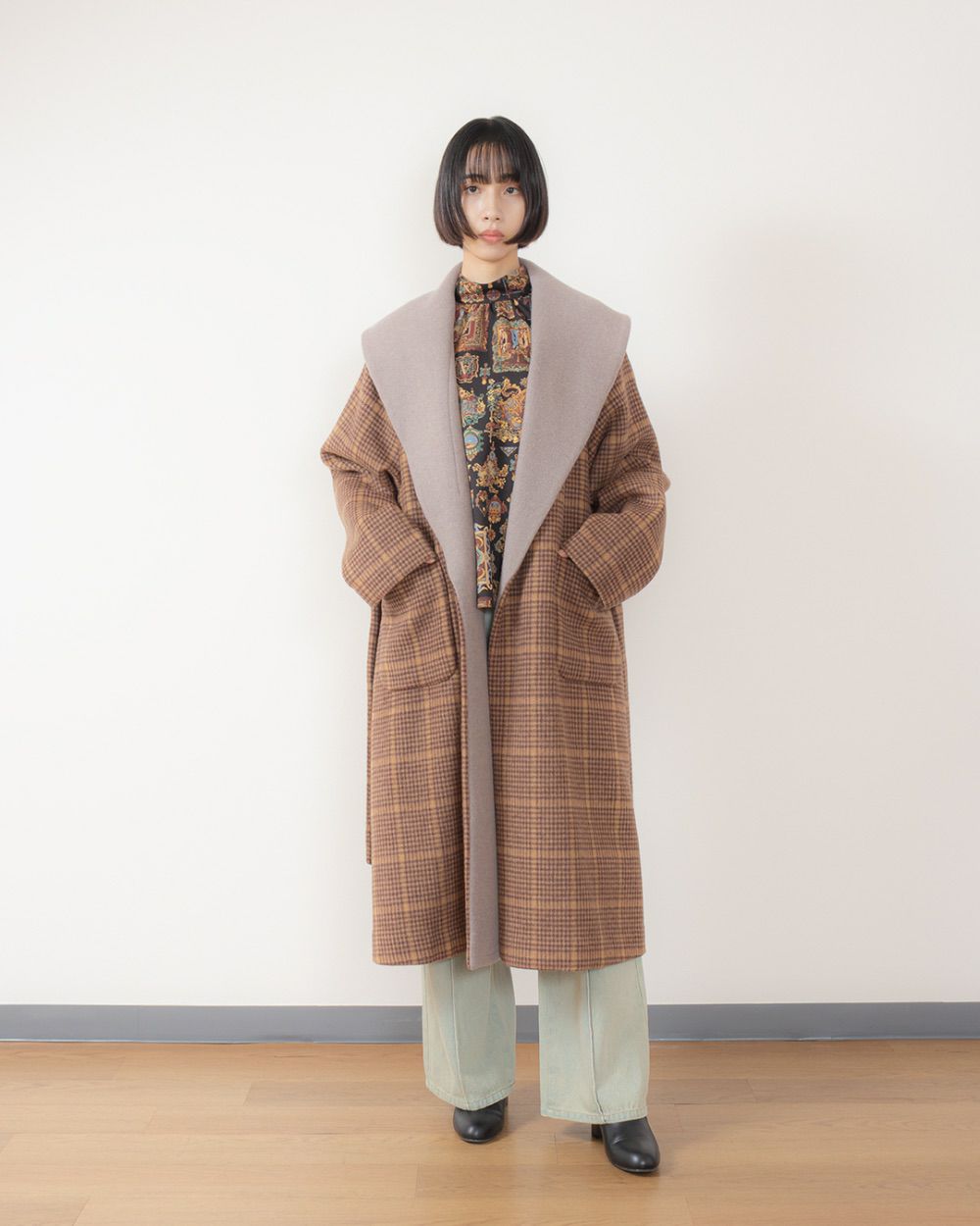 【人気品】Lois CRAYON チェック柄ロングコート　ウール100% M チェックリバーコート | CRAYON ONLINE STORE