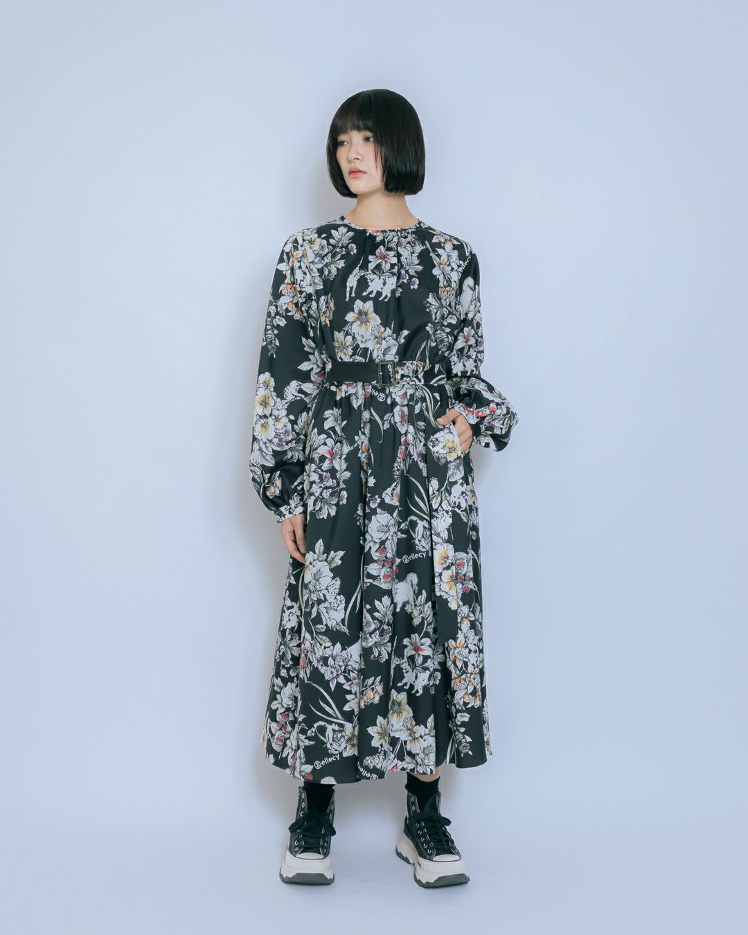&ellecy 花と猫ワンピース ellecy - &ellecy ネコ柄チャイナワンピース  